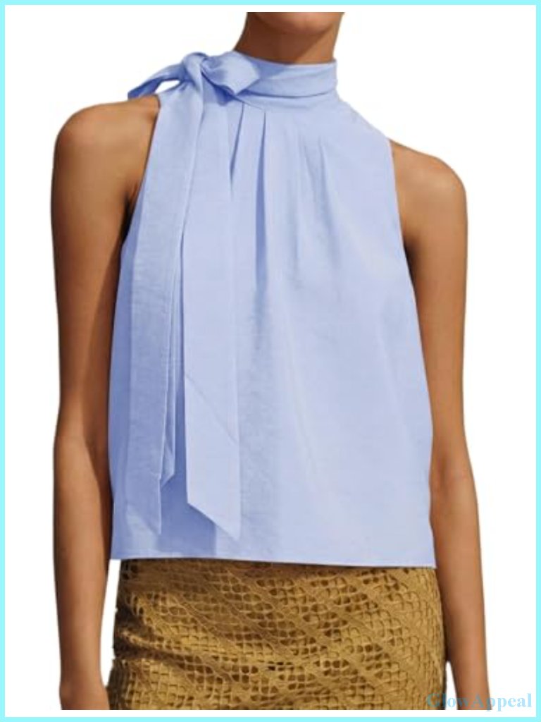 High Neck Tie Tank Tops Pleated Front Side Slit Sleeveless Blouse